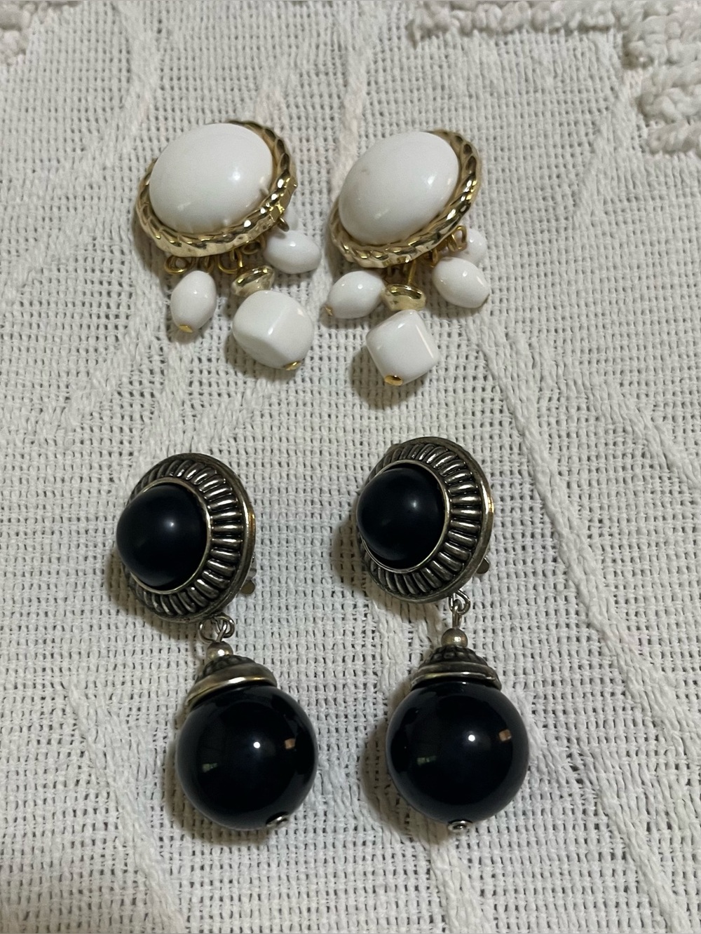 Classic Clip-on Gold-Trim White Drop Earrings & Silver-Black Drop Earrings Sets